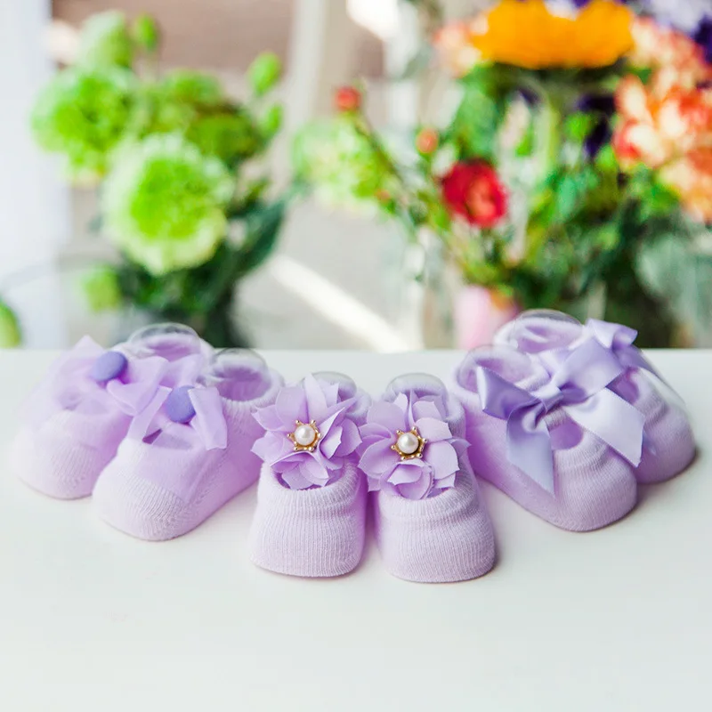 3 Pairs/Set cotton Baby Socks  Girl Bebe Toddler Newborn Sock Infant Anti Slip Lace Flower Bow Socks Glue Party birthday present