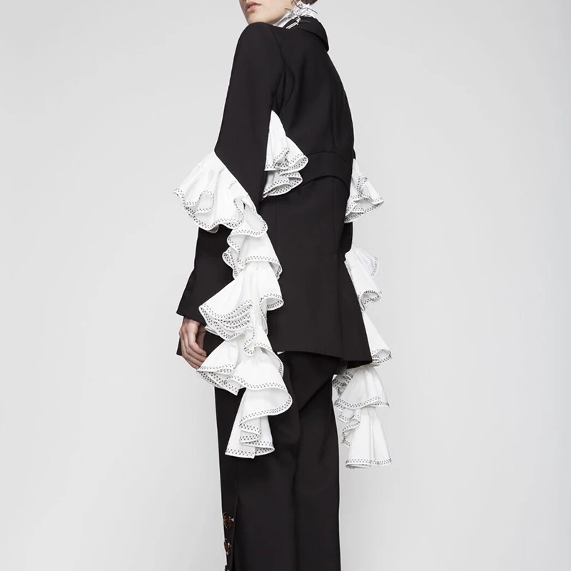 TWOTWINSTYLE блейзер с оборками и лентами для женщин, лоскутное черное пальто с длинным рукавом, топы для женщин, осень, новая мода