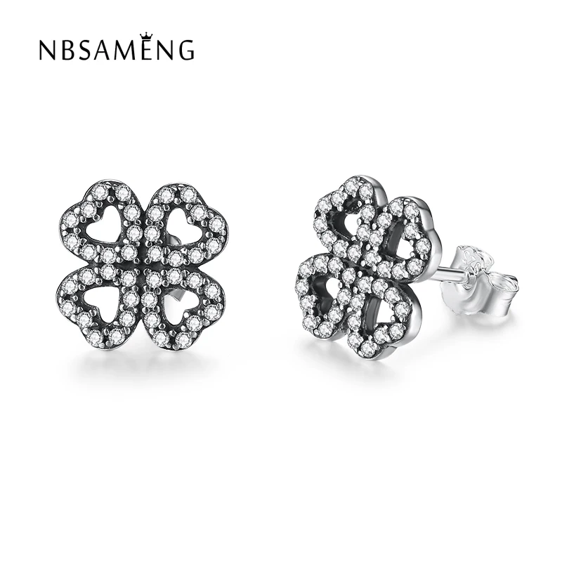 

Authentic 925 Sterling Silver Petals of Love With Clear Cubic Zirconia Original Pan Stud Earrings For Women Wedding Gift Jewelry