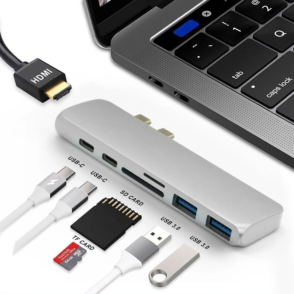 

7 in 1 USB-C Type C HD Output 4K HDMI USB 3.0 Adapter HUB For MacBook Pro