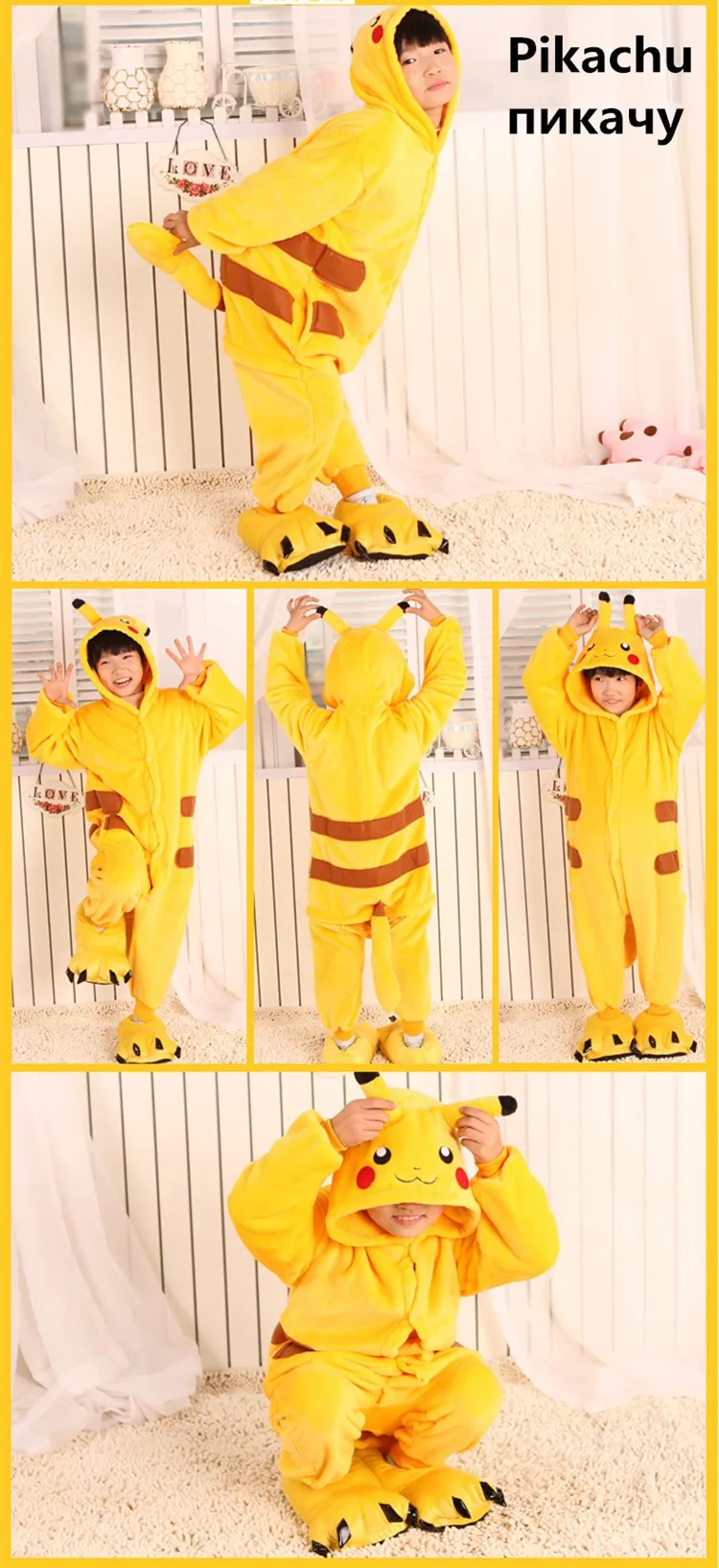 Фланелевые детские пижамы кигуруми, комплект зимних детских пижам с капюшоном и изображением животных Пикачу, пижамы для мальчиков и девочек, одежда для сна, комбинезоны