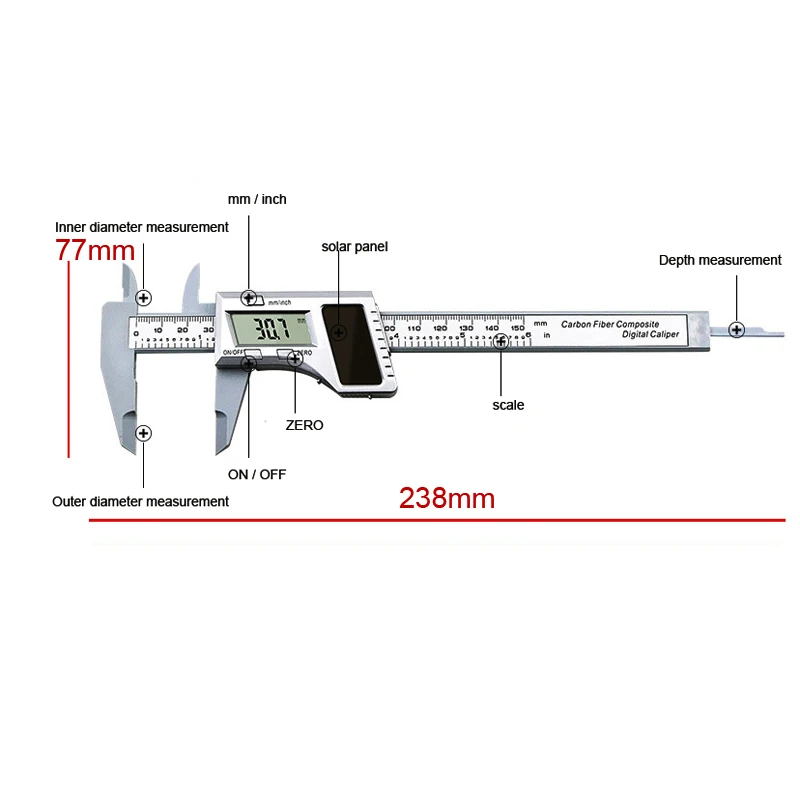 0-150 мм 6 inch Солнечная Батарея цифровой штангенциркуль с нониусом, штангенциркуль ЖК-дисплей, Верньер, микрометр, измерительный инструмент