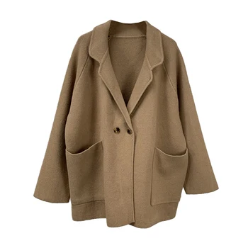 

2019 spring autumn fashion suit knit women lapel jacket Korean version long double-breasted solid color women cardigan sweater