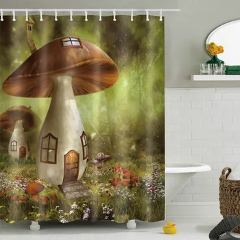 

LB Funny Cartoon Wonderland Mushroom House Kids Shower Curtain Waterproof Bathroom Custom Polyester Fabric For Art Bathtub Decor