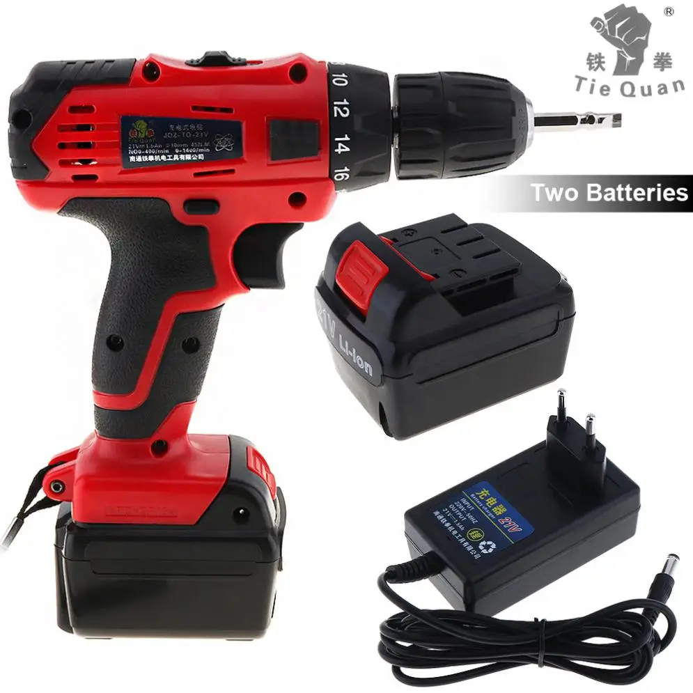 AC100 240V Cordless 21V Electric Drill with 2 Lithium Batteries and Two