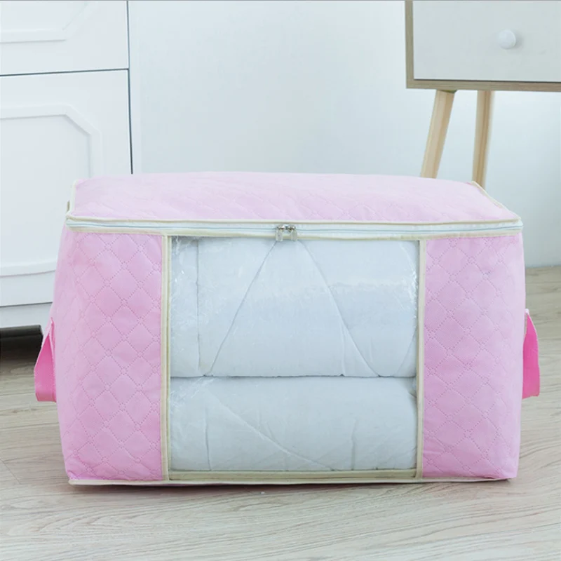 Нетканые сумки для хранения стеганых одеял Органайзер Домашний для хранения Портативный Анти-пыль шкаф бамбуковая одежда сумка для хранения коробок - Цвет: Pink-