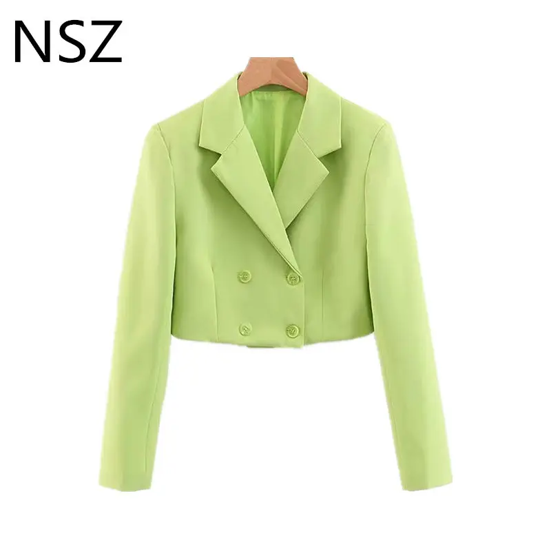 Зеленый NSZ женский укороченный пиджак Feminino с длинным рукавом, двубортный неоновый зеленый короткий жакет, пальто для девушек, Офисная верхняя одежда, болеро - Цвет: Зеленый