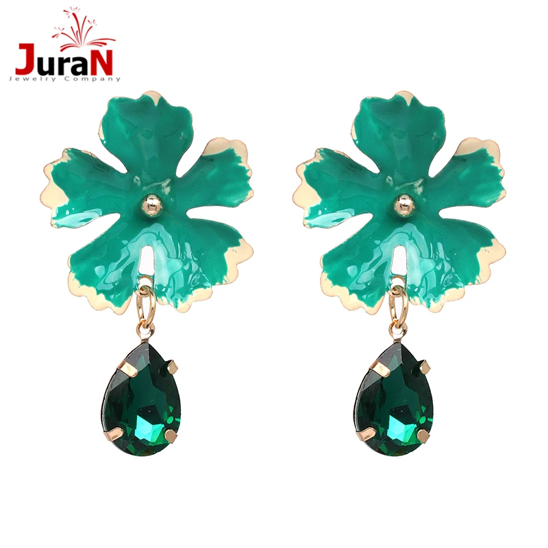 

JURAN Ethnic colorful water drop Crystal Stud earrings 6 colors Enamel Flower Metal big statement earrings for women
