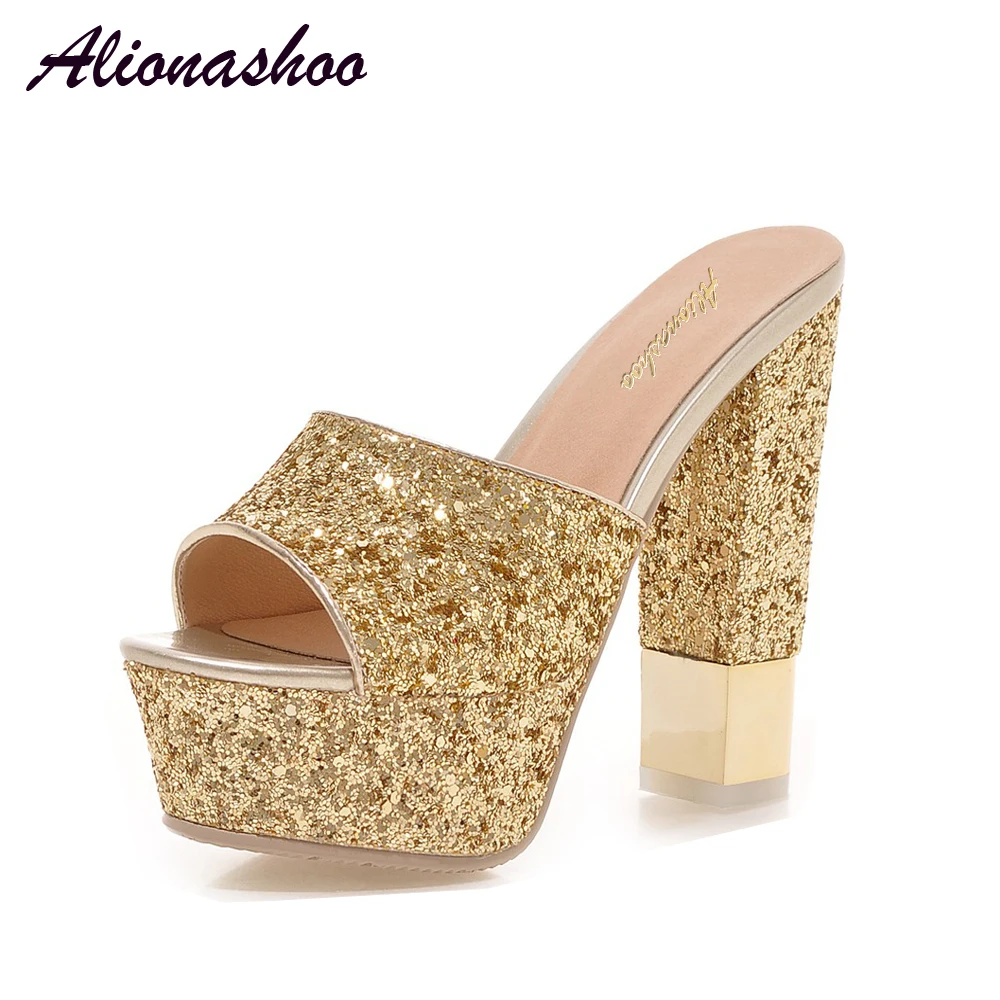 

Alionashoo 2018 Fashion Sequined Cloth Extreme High Heels Slides Lady Peep Toe Platform Sandals Outside Bling Slippers Women 43