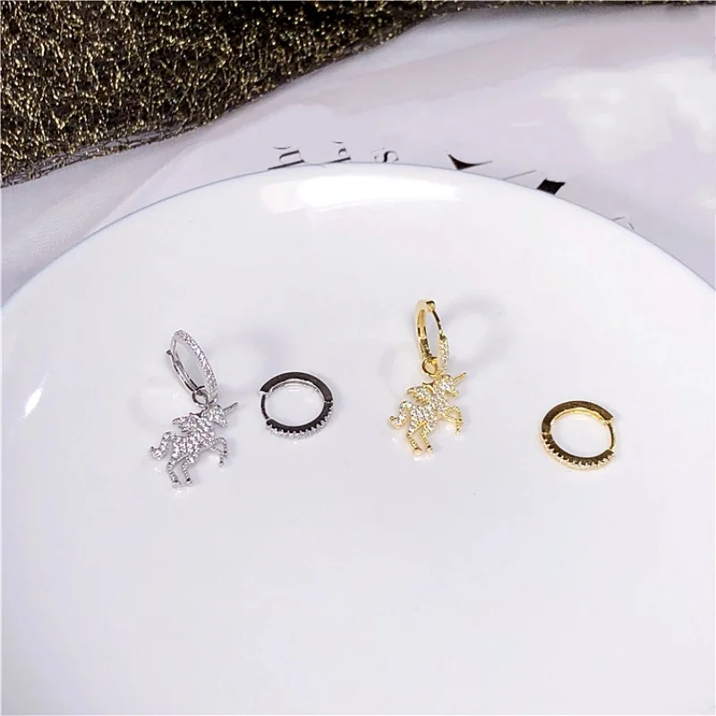 

New Arrival Personality Designer Sparkling Zircon Decorative Unicorn Stud Earrings Real 925 Sterling Silver Cute Trendy Earrings