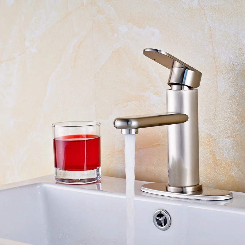 

Newly Arrival Brushed Nickle Bathroom Sink Faucet Ceramic Valve W/ Round Plate