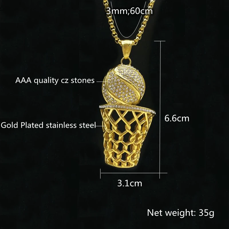 Bling Полный CZ камни кулон баскетбол ожерелье розовое золото из нержавеющей стали баскетбольная сетка ожерелье для мужчин CARA0294