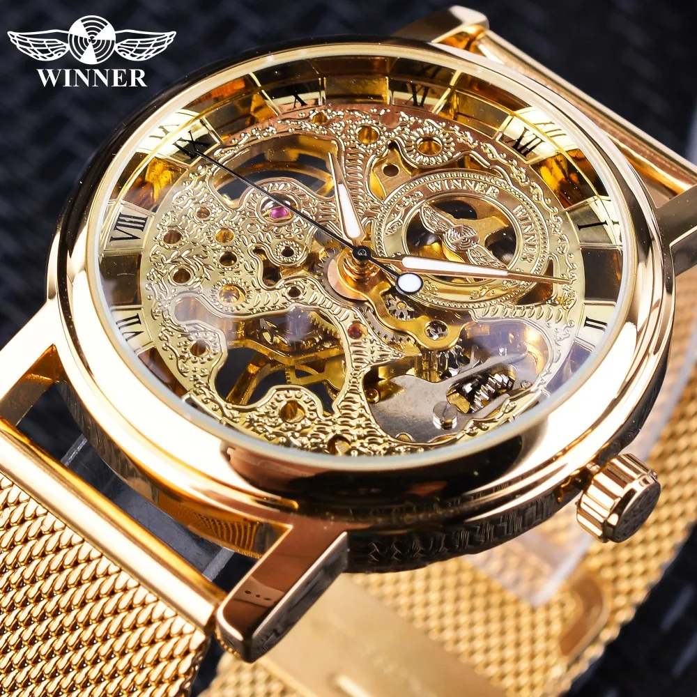 Billig Gewinner Dünne Fall Voll Goldenen Design Retro Durchbrochene Uhr Mesh Band männer Mechanische Uhren Top Marke Luxus Luminous Hände