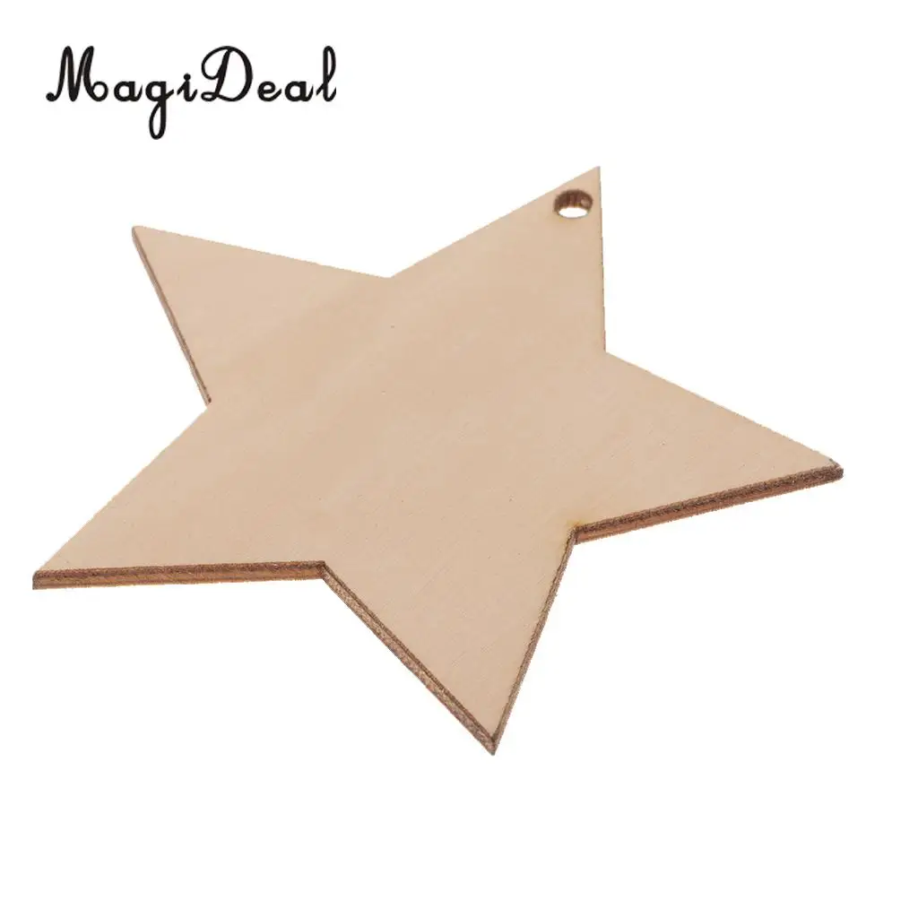 MagiDeal Unfinished 10Pcs Wood Five Pointed Star Shapes Tags Craft Embellishment & Twine DIY for Decoupage Print Paint Project