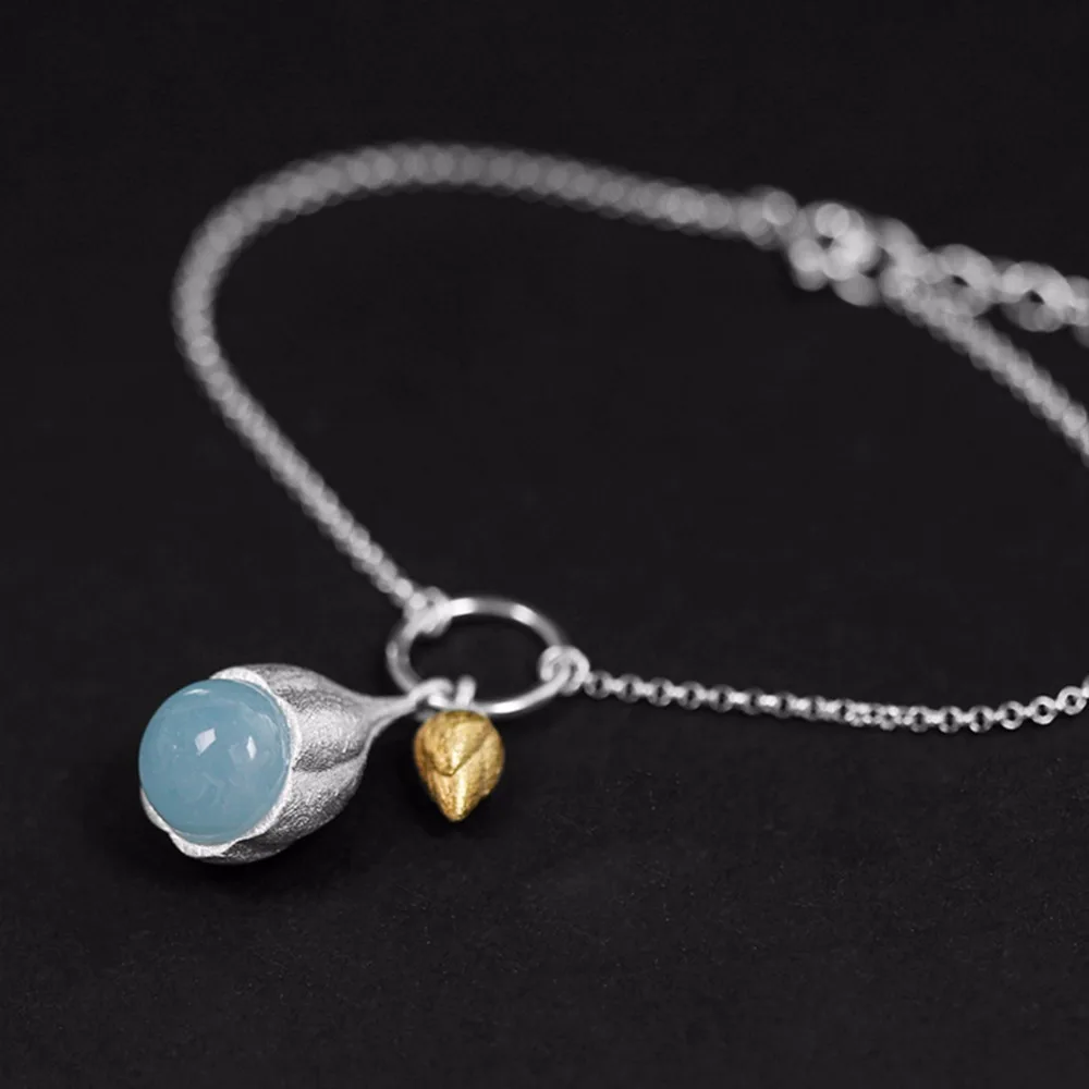 

Lotus Fun Genuine 925 Sterling Silver Bracelets for Women Blue Aquamarine Lotus Buds Plant Charm Bracelet Valentines Day Present