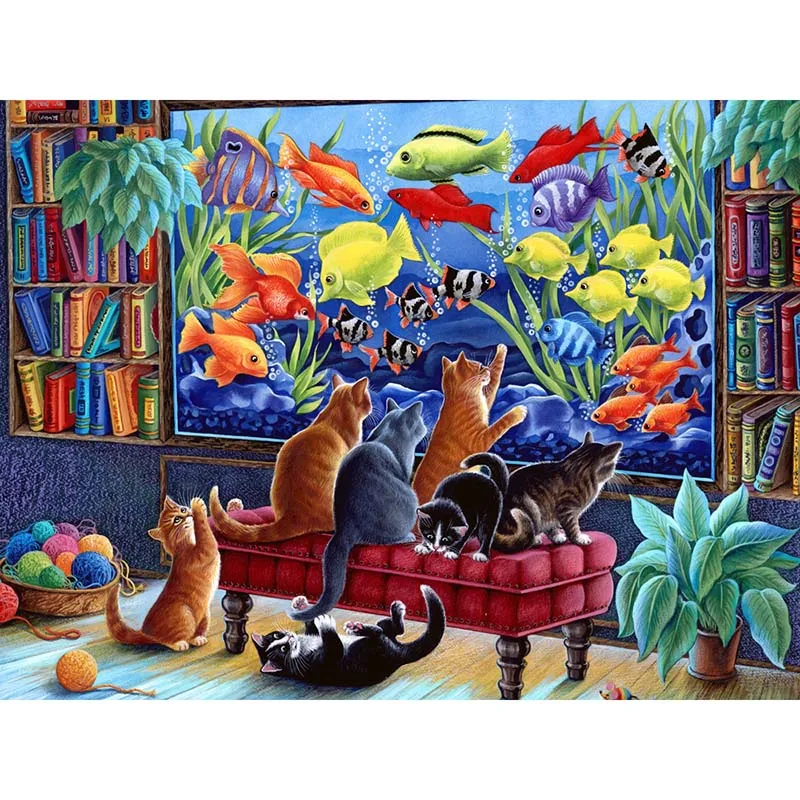 

5D DIY Full Diamond Painting Home Decoration Cat Watching Fishes Rhinestone Embroidery Cross Stitch Kits Wall Decoration KBL
