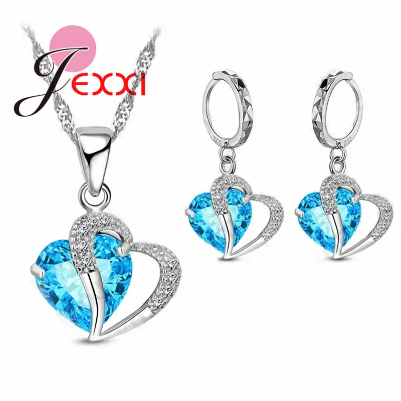 

True Love Genuine Heart to Heart Shape Pendant Necklace Earring 925 Sterling Silver Women Jewelry Set For Wedding Bijoux