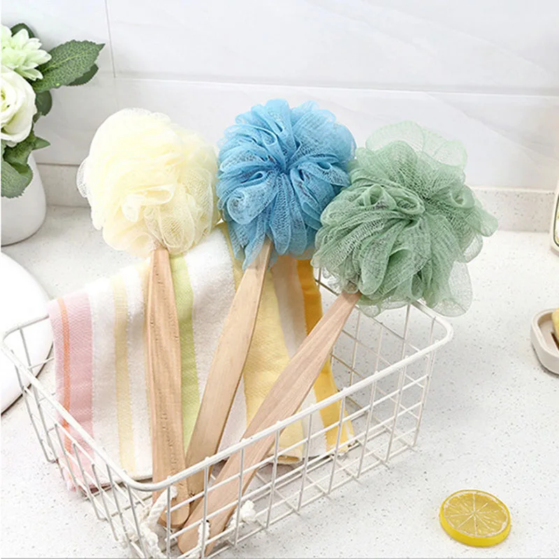 Long Wooden Handle Bath Brush Soft Mesh Ball Back Body Bath Shower Hanging Scrubber Brush Home Bathroom Shower Tool (1)