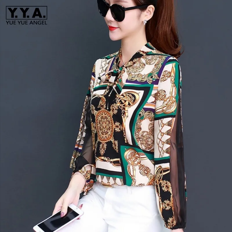 

Boho Style Women Chiffon Long Sleeve Shirts Office Ladies Work Floral Printed Blouses Bow Lace Up Loose Breathable Top Shirt 4XL