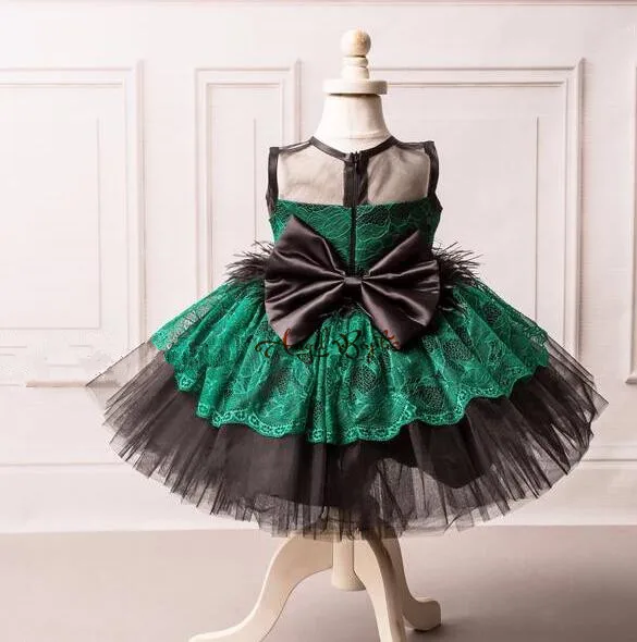 Изумрудно-зеленые платья для дня рождения с бантом из страусиного меха для маленьких детей бальное платье, короткое черное Тюлевое вечернее платье для выпускного вечера для девочек - Цвет: picture color
