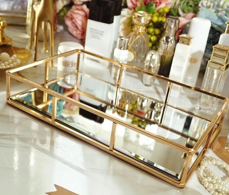 Mxzzand Plateau de Rangement Miroir Surface Cadre dor/é Organisateur de Bijoux Coiffeuse pour Salle de Bain Salon