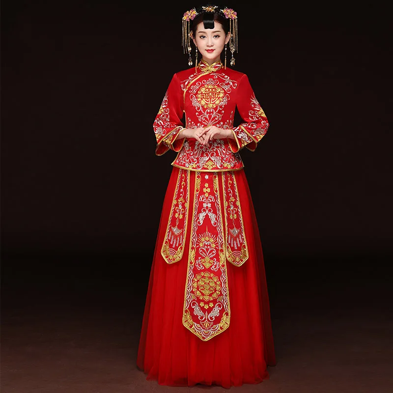 Заморский цветок со стразами Cheongsam Китайская вышивка ручной работы Свадебное платье Для женщин красный Qipao Хан фу Костюмы костюм
