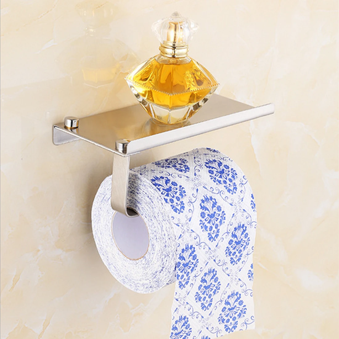 

Wall Mount Toilet Paper Holder with Phone Shelf Bathroom Stainless Steel Roll Paper Holder Mobile Phone Rack