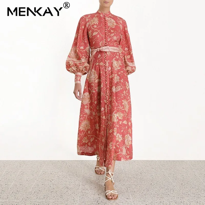 

[MENKAY] Bohemain Floral Print Women Summer Lace Up Elegant Lantern Sleeve Sash Buttons Holiday Beach Bodycon Vestidos 2019
