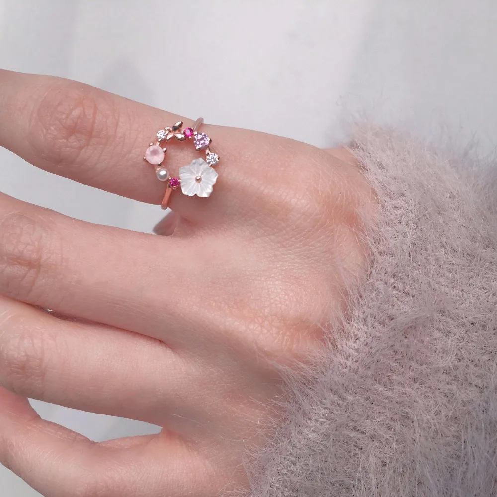 

Ziris Luxury Jewelry S925 Sterling Silver AAA Cubic Zircon Pearl Shell Cute Flower Crispy Lady Girls Adjustable Ring Gift