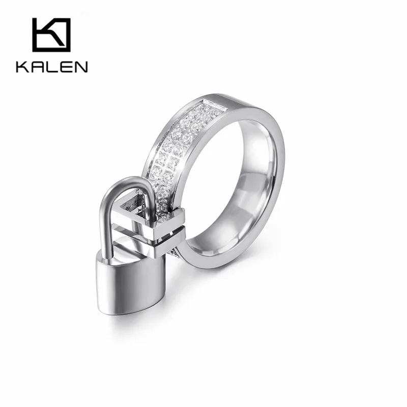 

KALEN Stainless Steel Silver Lock Shaped Charm Women Rings Size 6-9 Cubic Zircon Finger Rings Lovers Wife Anniversary Day Gifts