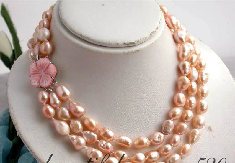 

Z2146 3row 14mm pink baroque freshwater pearl necklace shell AAA