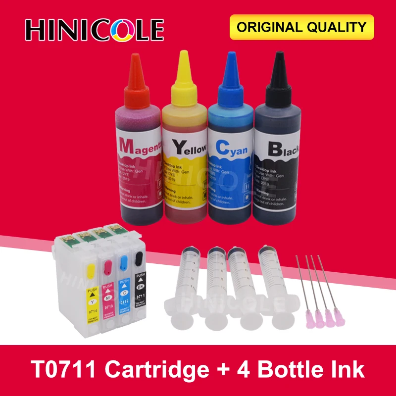 

T0711 Refill Ink Cartridge For Epson Stylus SX205 SX215 SX218 SX400 SX415 SX515W SX600FW SX610FW Printer + 100ml Bottle Dye ink