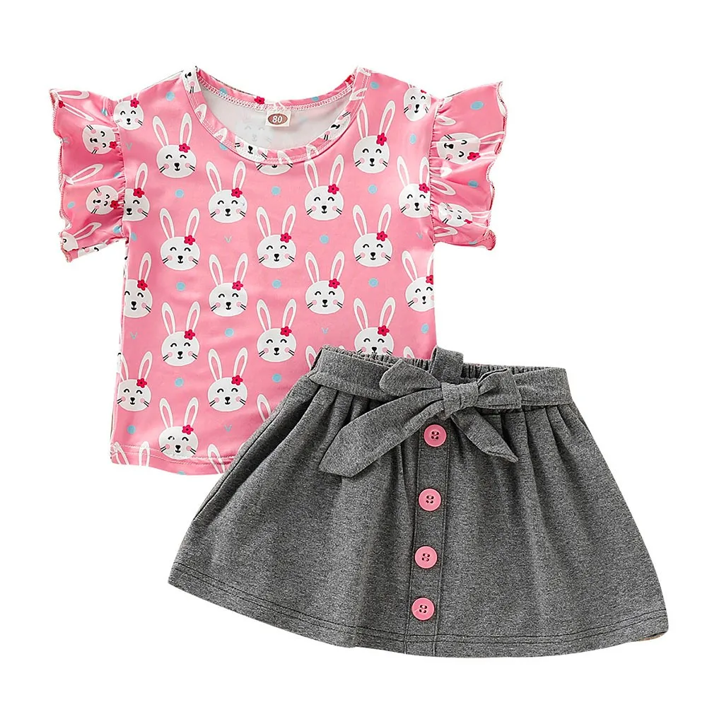 

2019 Sets girl clothes summer 2019 Children Kids Girls Fly Sleeve Cartoon Rabbit T-shirt+Tutu Skirt Set Outfit products