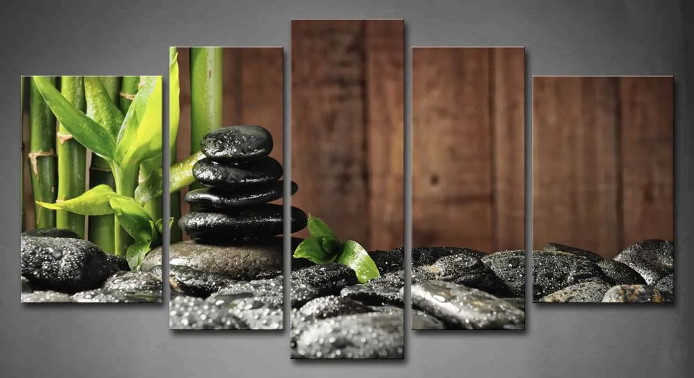 

5 Panels Framed Wall Art Pictures Bamboo Grove Zen Stones Wood Canvas Print Botanical Poster With Wooden Frame For Decor