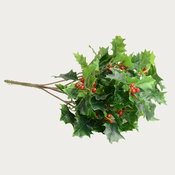 

6 pcs/lot Green Artificial Holly Fruit Berry Bouquet Flower Leaves Silk Flowers Fruits For Wedding Home Christmas Decoration