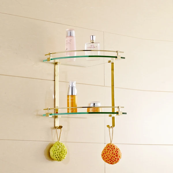 Buy NEW Bathroom Gold Finish Glass Corner Shelf Shower Caddy Storage Dual Tiers