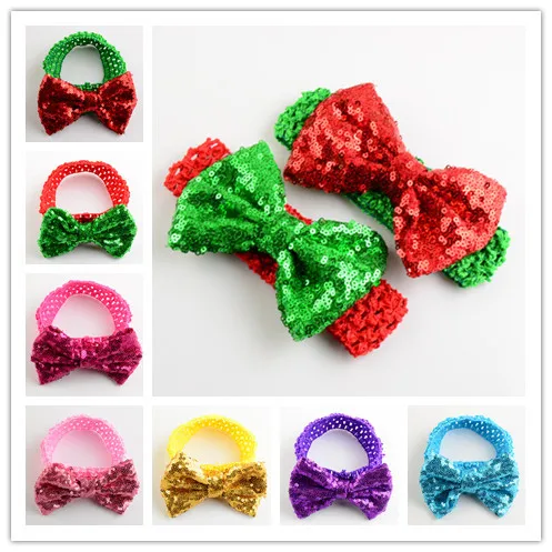 

5pcs/Lot 11CM Sequin Glitter Knot Bow Decorated Woven Crochet Band Ornament Accessories Girls Headband Ornament Jewelry