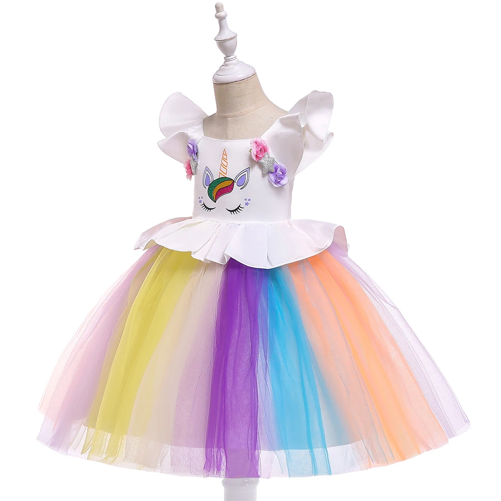 Новое Сетчатое платье для девочек с единорогом одежда с героями мультфильмов костюм на Хэллоуин и Рождество платье с цветочным рисунком, включая Головной убор
