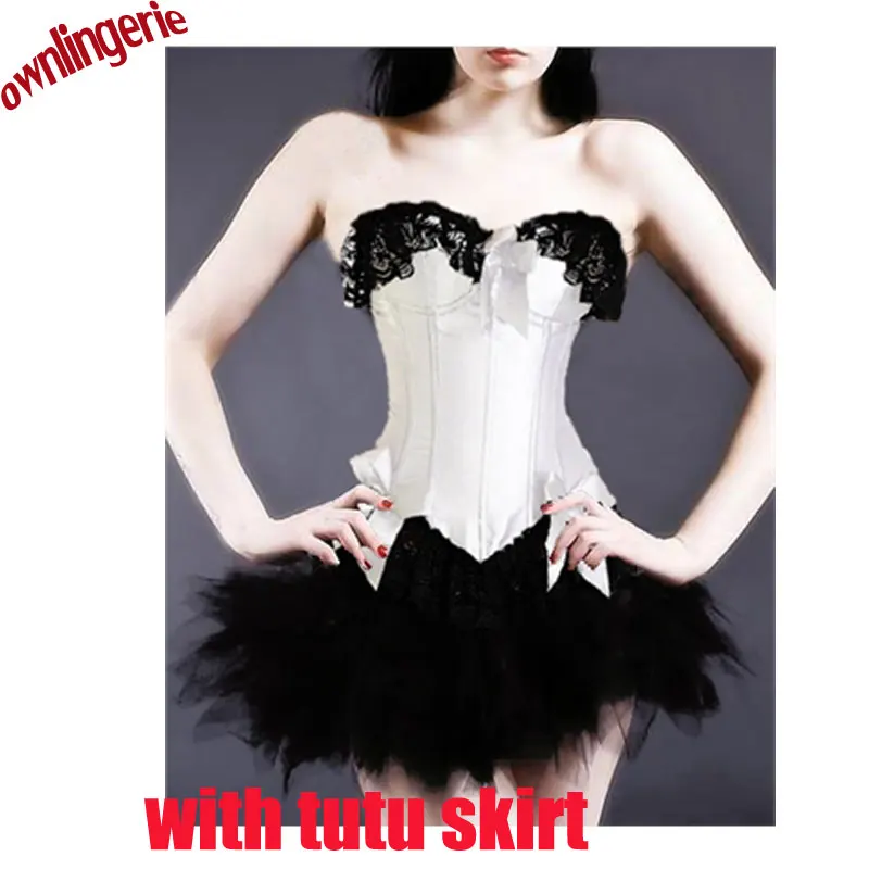 White Stain Sexy Women Lace Tops Shape Bustier Lingerie Overbust Corset with tutu skirt sets m1813c