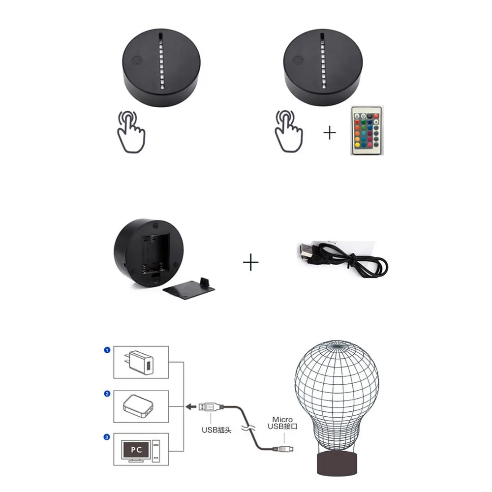 Абс акрил черный 3D светодиодный светильник ночник база USB кабель дистанционное управление новые зажигалки база гаджеты Emote спальня США дропшиппинг 4D