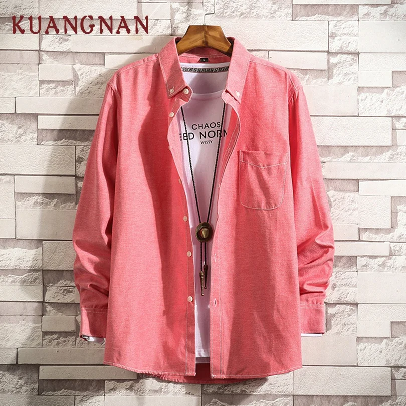 KUANGNAN в японском стиле Однотонная рубашка Мужская Уличная Мужская повседневные тонкие рубашки подходят корейские мужские рубашки с длинным рукавом 5XL одежда Новинка