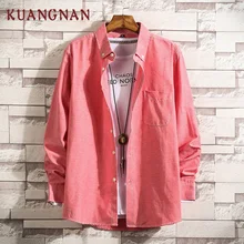 KUANGNAN в японском стиле Однотонная рубашка Мужская Уличная Мужская повседневные тонкие рубашки подходят корейские мужские рубашки с длинным рукавом 5XL одежда Новинка
