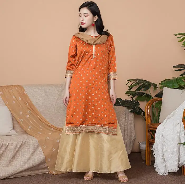 New India Fashion Woman Ethnic Styles Set Cotton India Dress Thin Costume Elegent Lady Long Top+Skirt+Scarf