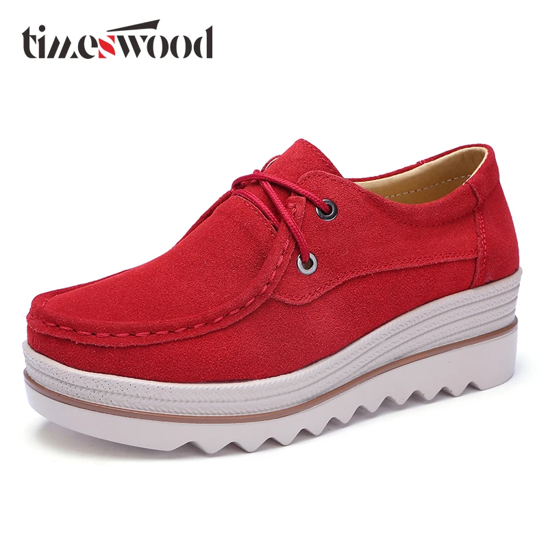 

Genuine Leather Bluchers Comfortable Street Walk Shoes Laces Elevator Wedge Heel Pumps Increase Female Boat Flats Work Shoes New