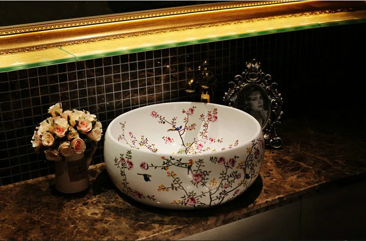 Птицы и цветы столешницы Lavobo керамика ванная комната чаша раковина умывальник