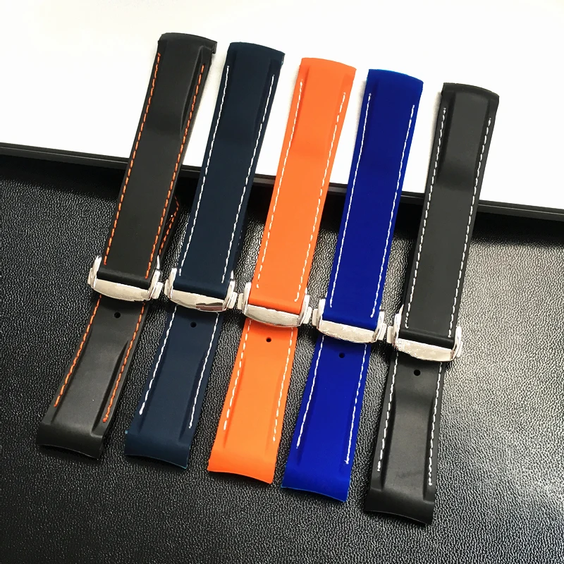 

Curved End 20mm 22mm Black Blue Orange With Stitches Rubber Silicone Watch Bands For Omega Seamaster 300 Ocean Strap Bracelet