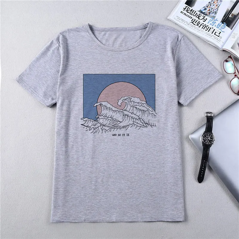 Новинка, Camisetas Verano Mujer,, Harajuku, Kawaii, волнистая, эстетическая, винтажная, парная Футболка, женская, Vogue, повседневная, с принтом, короткий рукав, Топ