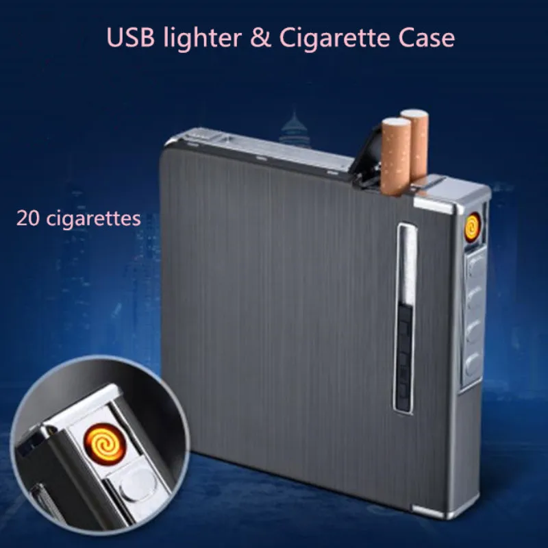 

20 cigarette Thin Aluminum Metal Automatic Cigarette Case Box With USB Rechargeable Windproof Lighters Size 98*93*18.5mm