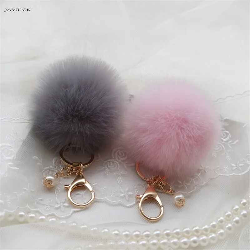 

JAVRICK 8cm Fluffy Rabbit Fur Pom-pom Ball Key Chain Fluffy Puff Ball Key Ring Car Pendant Pearl KeyChain decoratio accessories