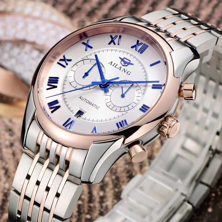 

AILANG Men Vintage Roman Dress Watches Automatic Self Wind Business Statement Clock Full Steel Calendar Wrist watch 3ATM NW7197